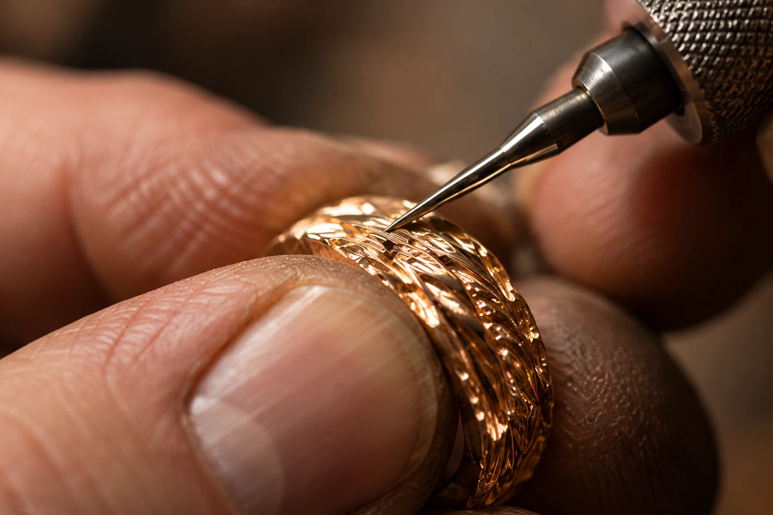 Gravure à la main d'une bague en or au tour à graver